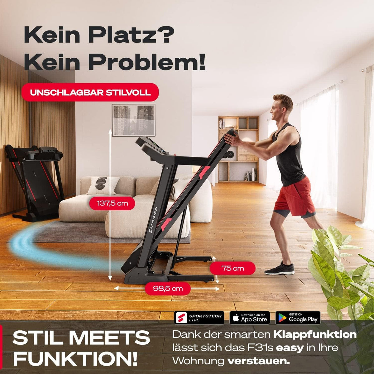Sportstech F31s: Profi-Laufband, 4,5 PS, 16 km/h, Bluetooth & App