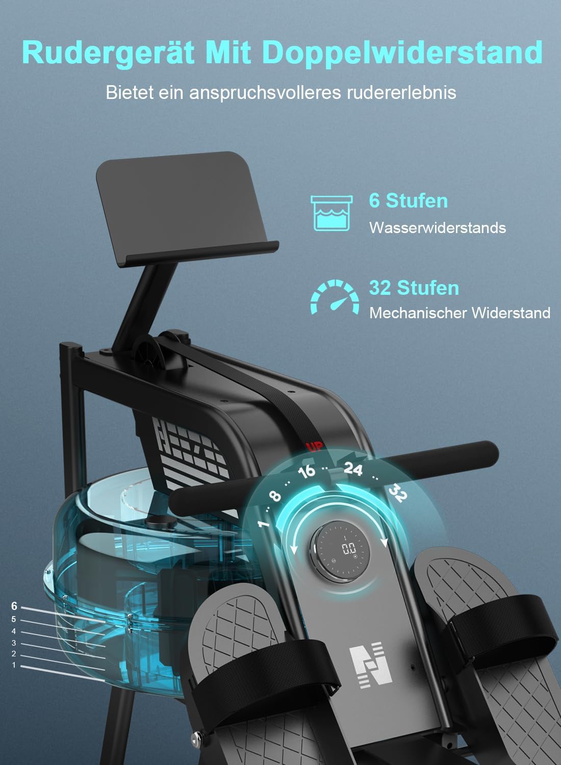 NEEZEE Wasserrudergerät: Bluetooth-Monitor, Tablet-Halterung, 150 kg Kapazität