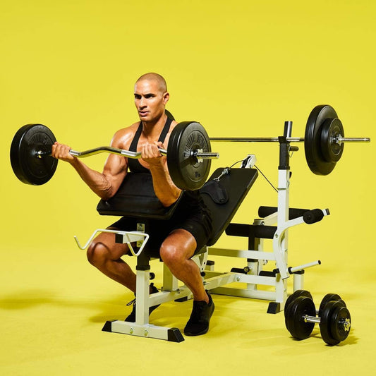 Gorilla Sports Hantelbank mit Gewichten, 170 cm Stange und Hantelset