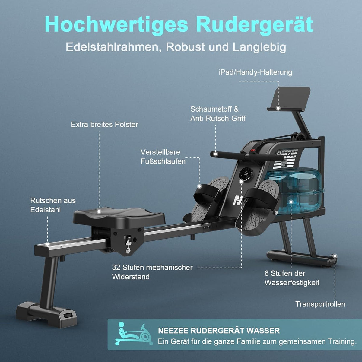 NEEZEE Wasserrudergerät: Bluetooth-Monitor, Tablet-Halterung, 150 kg Kapazität
