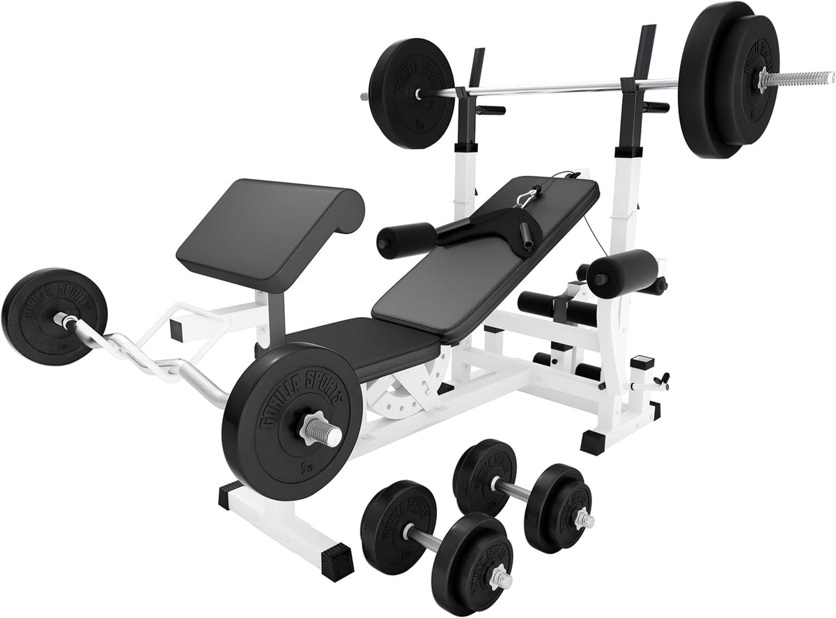 Gorilla Sports Hantelbank mit Gewichten, 170 cm Stange und Hantelset